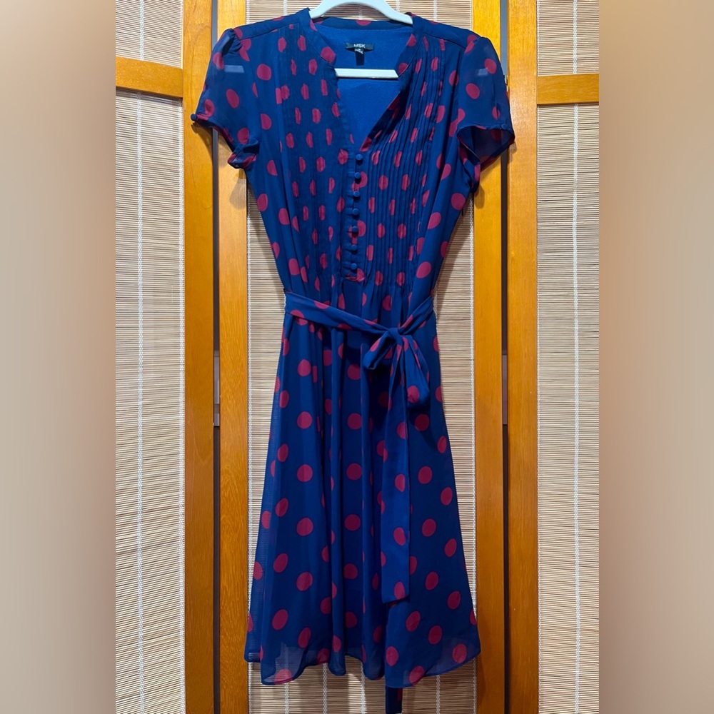 MSK navy & maroon polka dotted midi dress, size 10